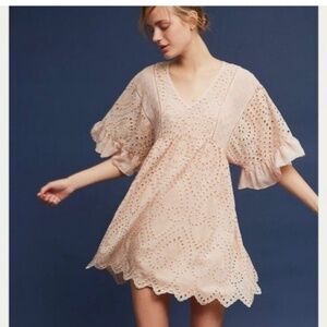 Anthropologie Akemi + Kin Pink Eyelet Babydoll Mini Dress V-Neck Size 2